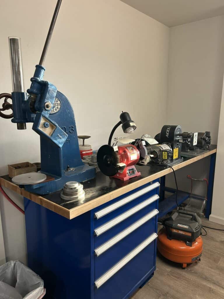 Arbor press, bench grinder and seal tools in the DXP Richmond seal shop